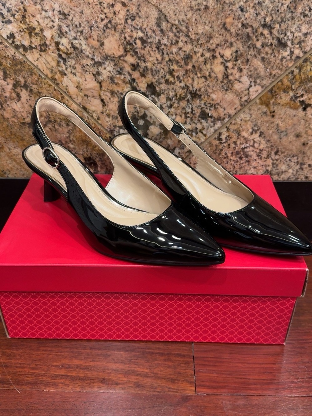 Kelly & Katie Black Patent Pointed Slingback Heels